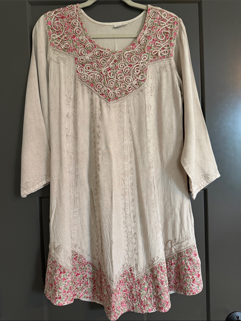 Women’s Embroidered Cream Midi Dress with Pink Floral Accents